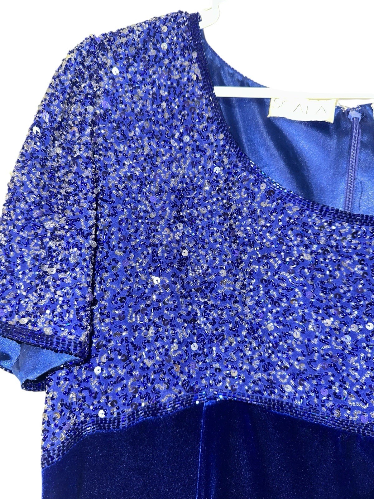 VTG 90s Scala Silk Velvet Beaded Empire Gown Dress Sz XL Blue Long Cocktail