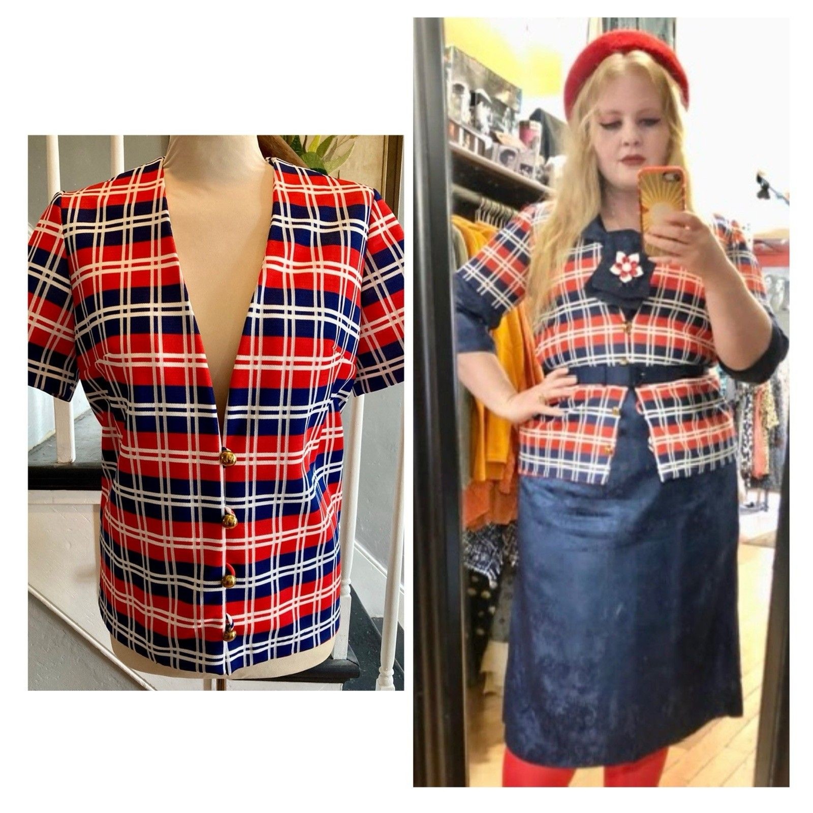 1970s Red White Blue Navy Plaid Jacket 1976 Mod Bicentennial Wear To Work Disco
