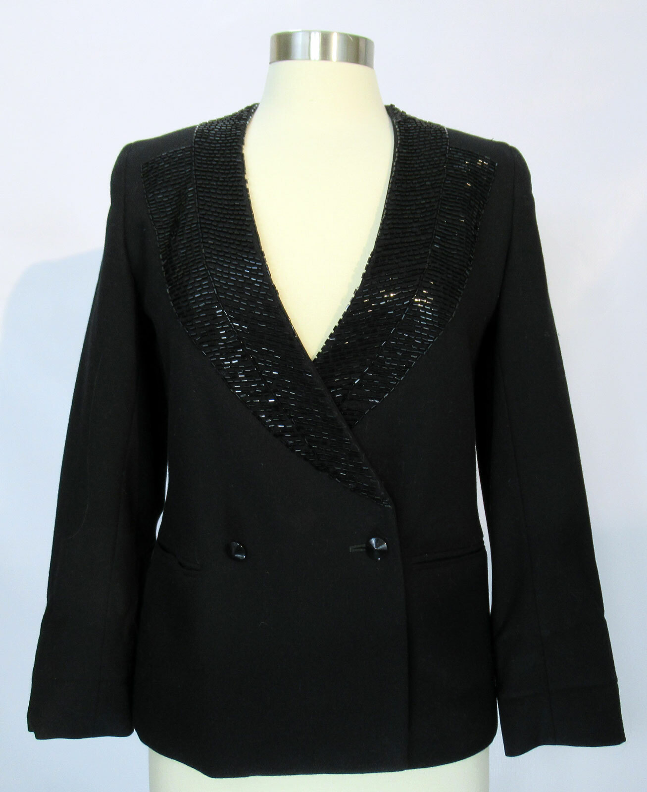 Harvé Benard for Saks Fifth Avenue 100% Wool black beaded collar blazer S