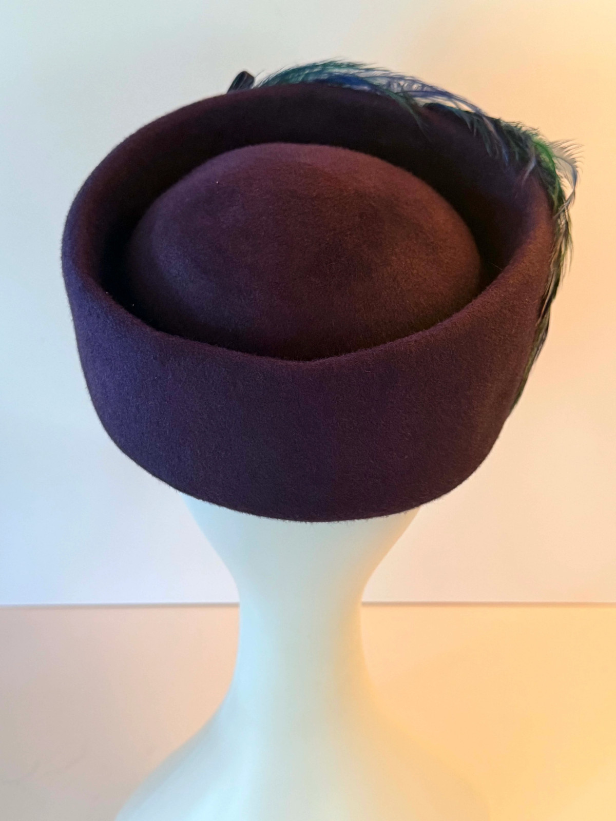 Vintage Gage Original Pillbox Hat 1950s Eggplant Wool Feather Cocktail Hat Blue