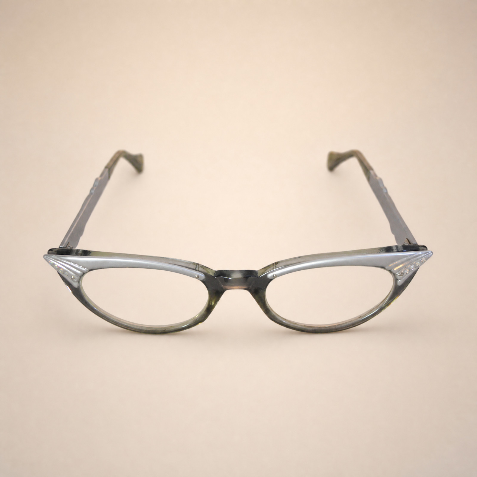Vintage 1950s Cat Eye Eyeglasses Gray Aluminum Rhinestone AB Frames USA 5 1/4