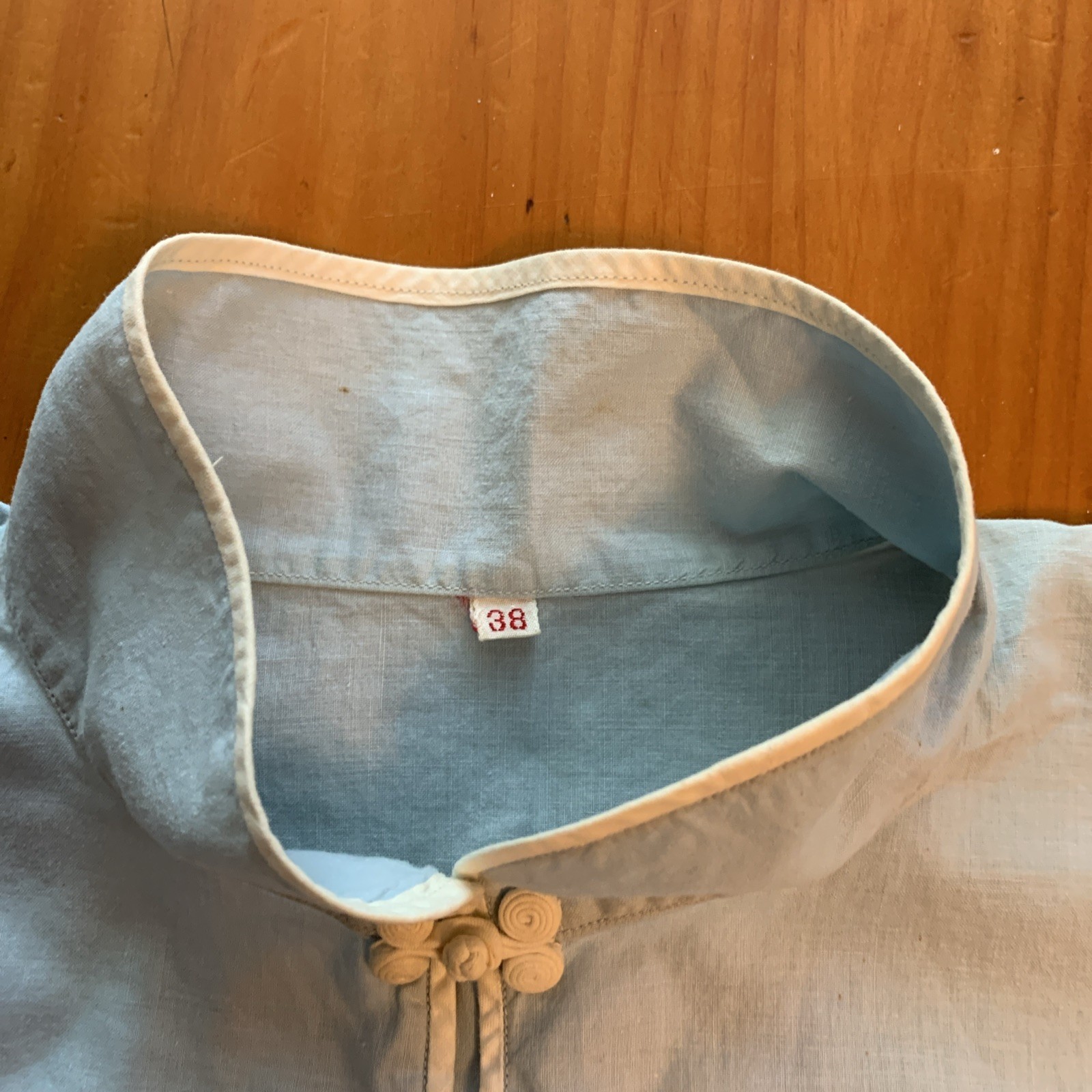 Vintage Chinese Shirt Light Blue With White Frog Buttons And Small Pocket. 38