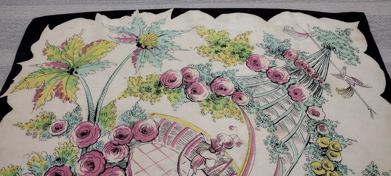 Vintage 30s 40s Scarf Dancer Spring Roses Parachute Fabric Rare Acetate Rayon