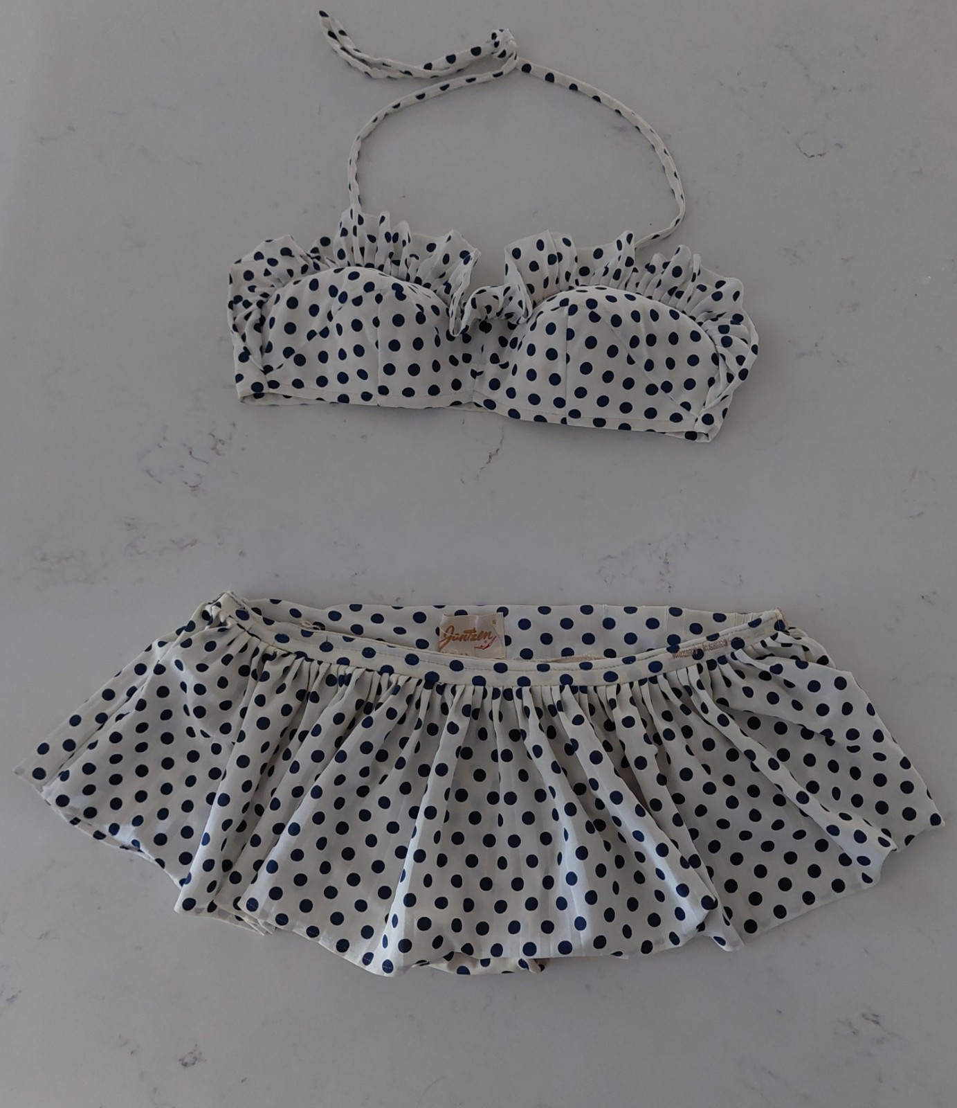 Vtg 1960s Jantzen Two Piece Swimsuit Polka Dot Bikini Ruffles Skirted Sz Small