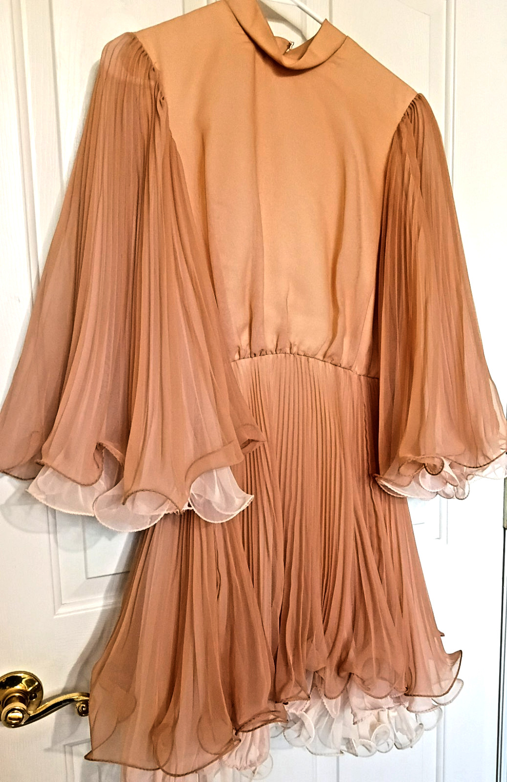 Vtg 60s Miss Elliette Coral Cocktail Dress Ruffled Chiffon Bell Sleeves Small