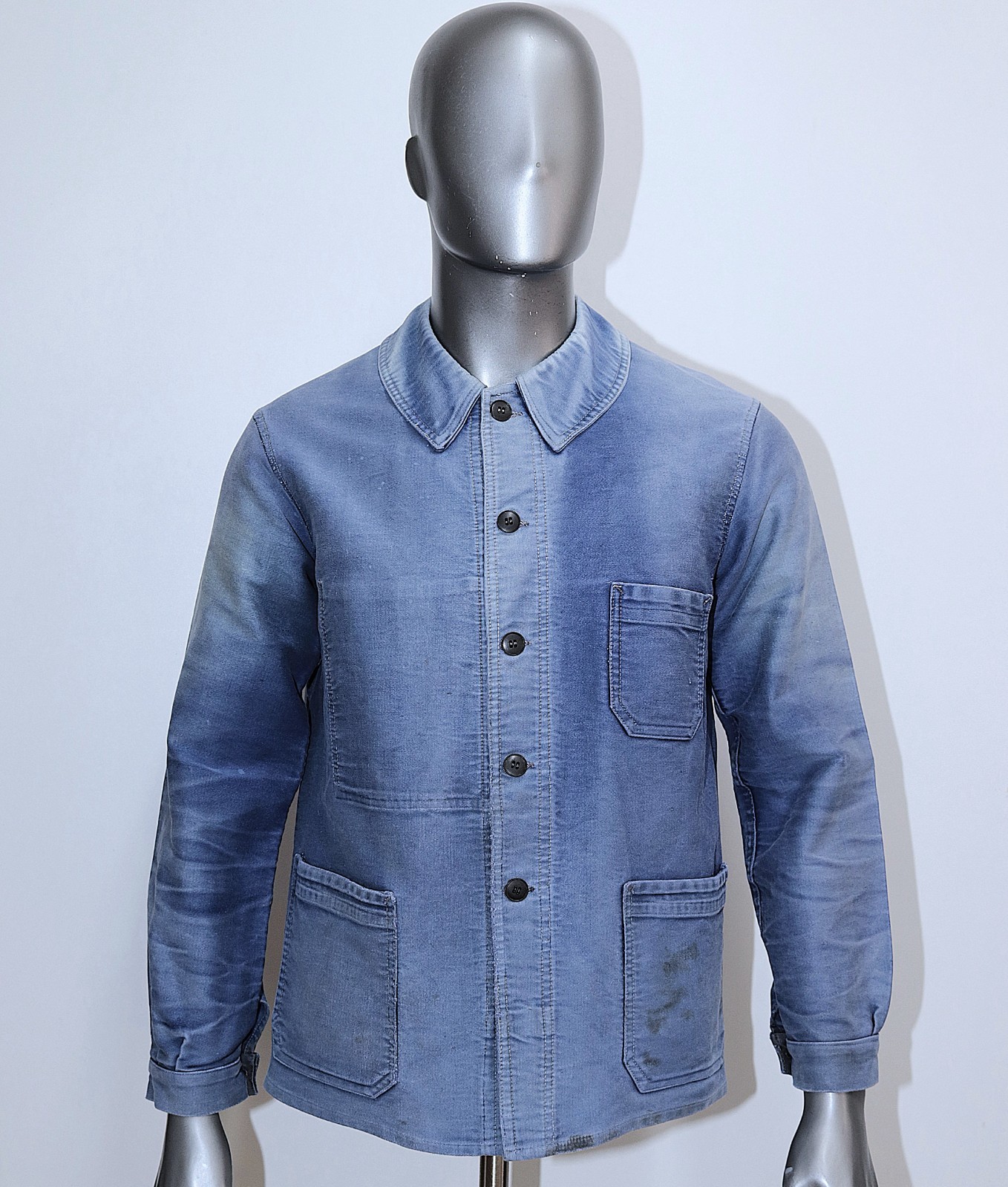 French 1940/50s Blue Moleskin Faded Stained Work Jacket DUBURE & DEVERCHERE Sz M