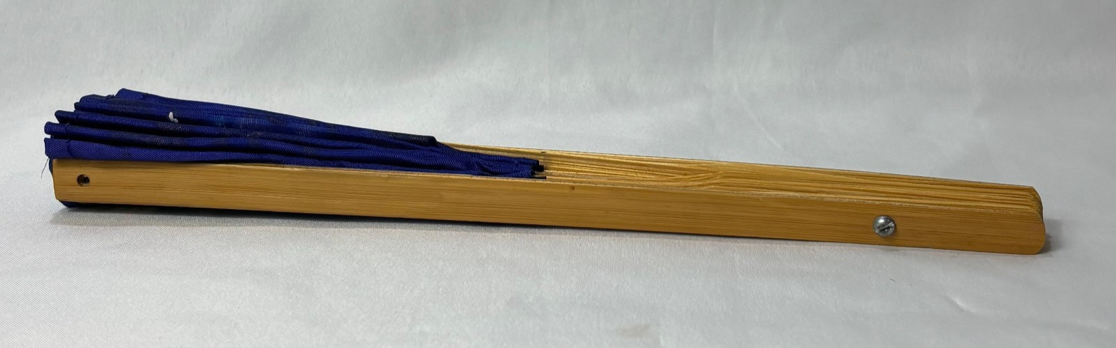 Blue Synthetic Folding Fan Hand Painted Gold Leaves & Bird Bamboo Thailand