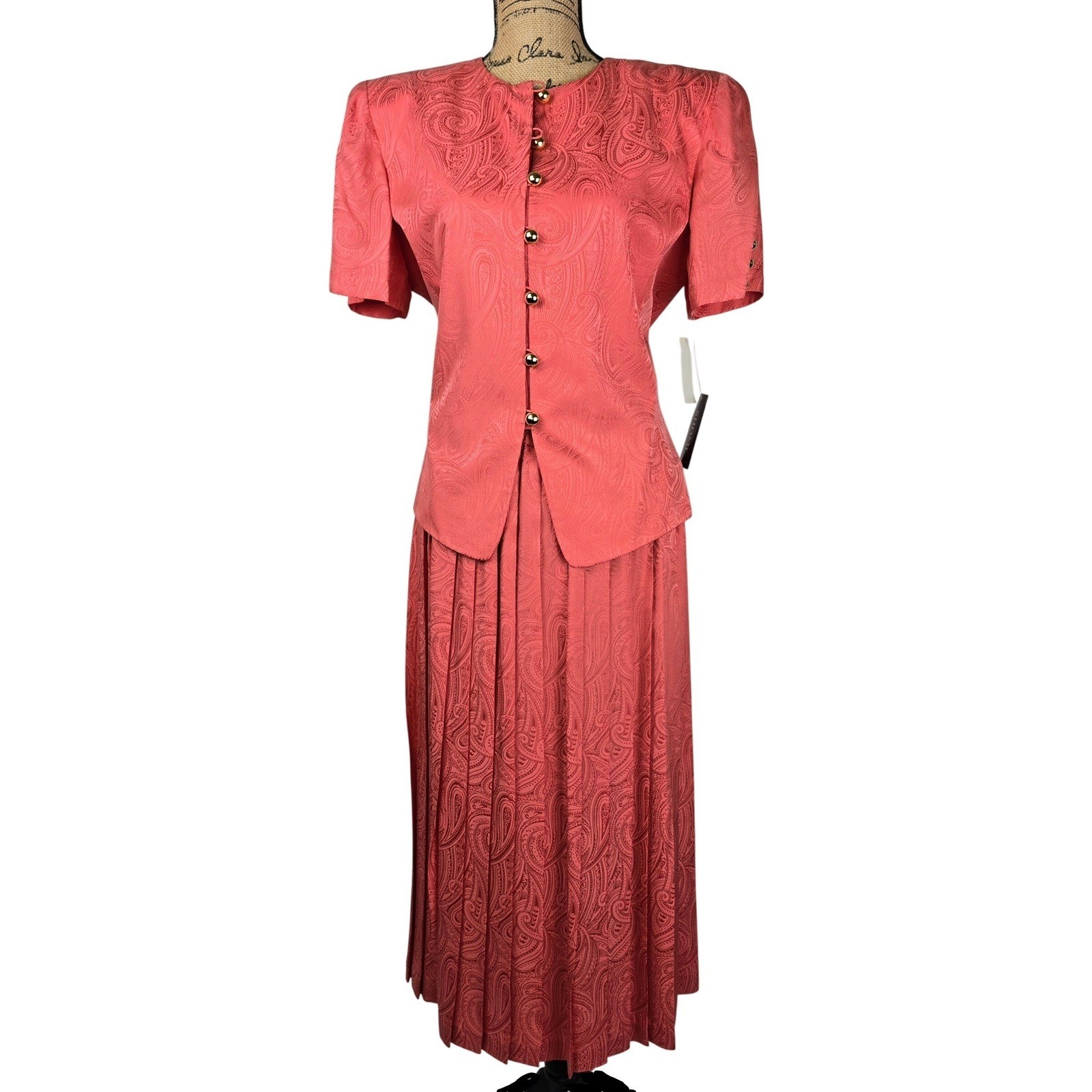 Vintage SHOMI 100% Silk Paisley Jacquard Skirt Set Coral Pink Size 12 NWT