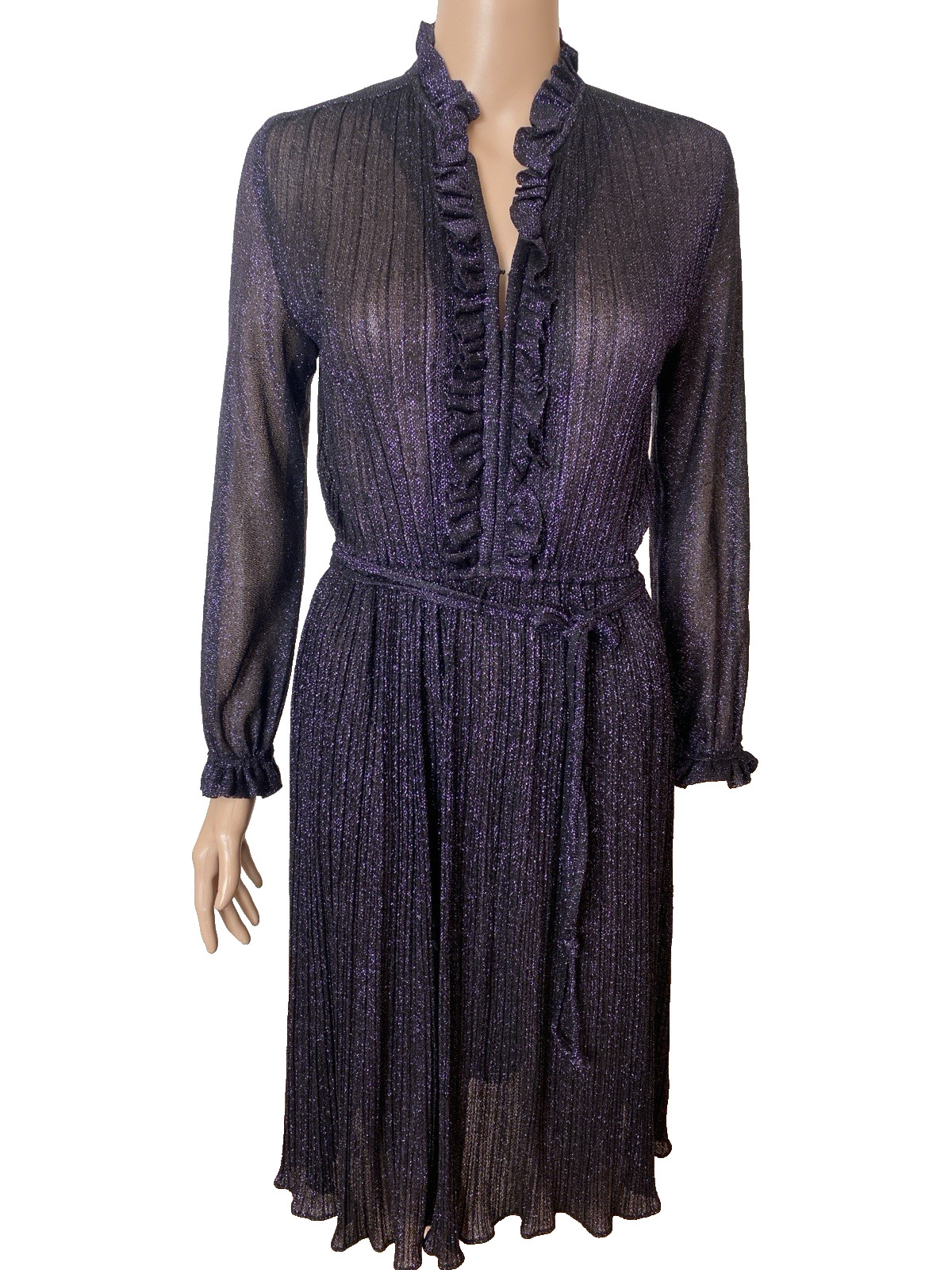 Vintage P.C.F. PETITES By Hal Ferman Purple Semi Sheer Pleated Metallic Dress