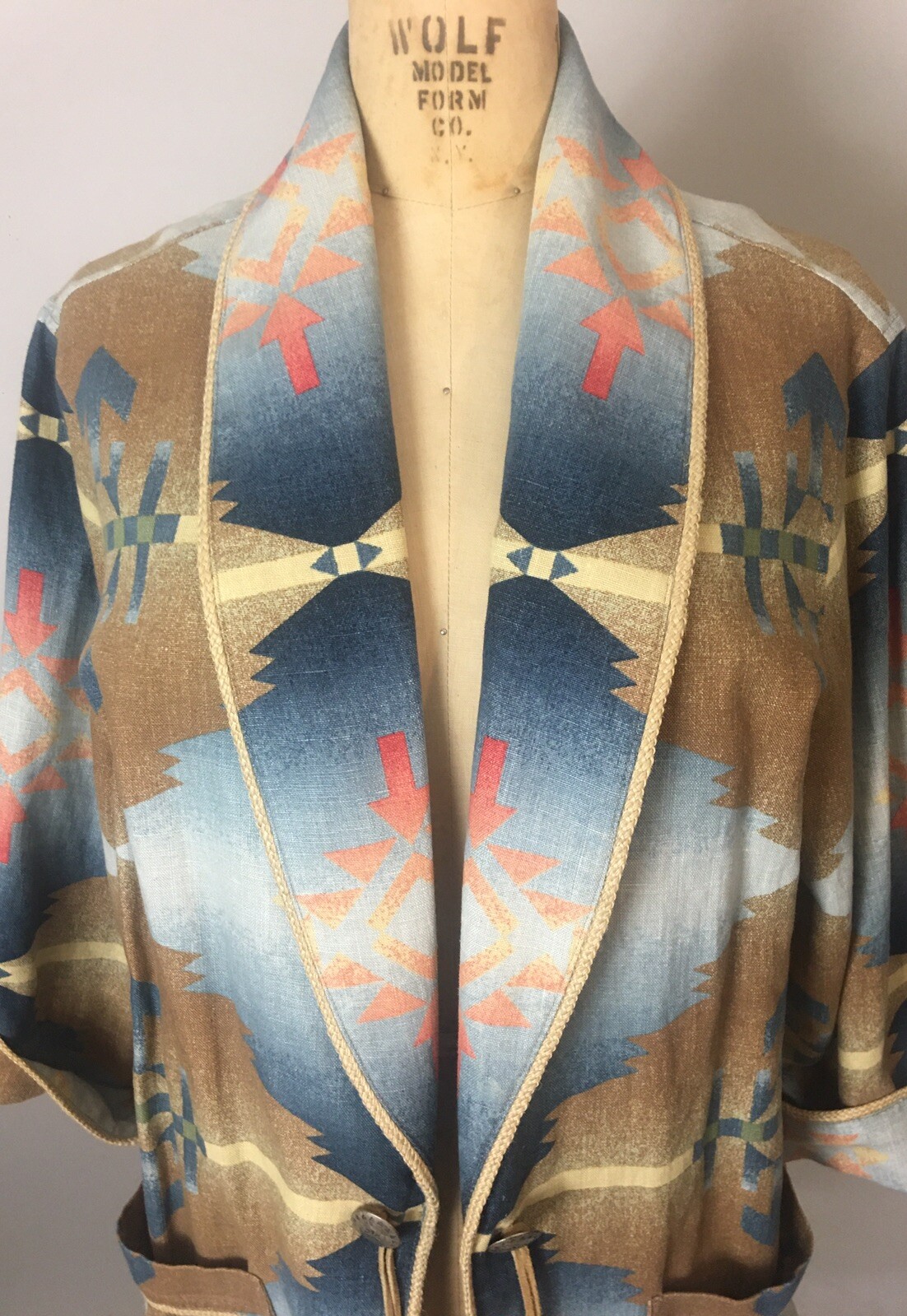 Southwest Vintage Linen Blazer Jacket Shacket Concho Western Large 3/4 Sleeve