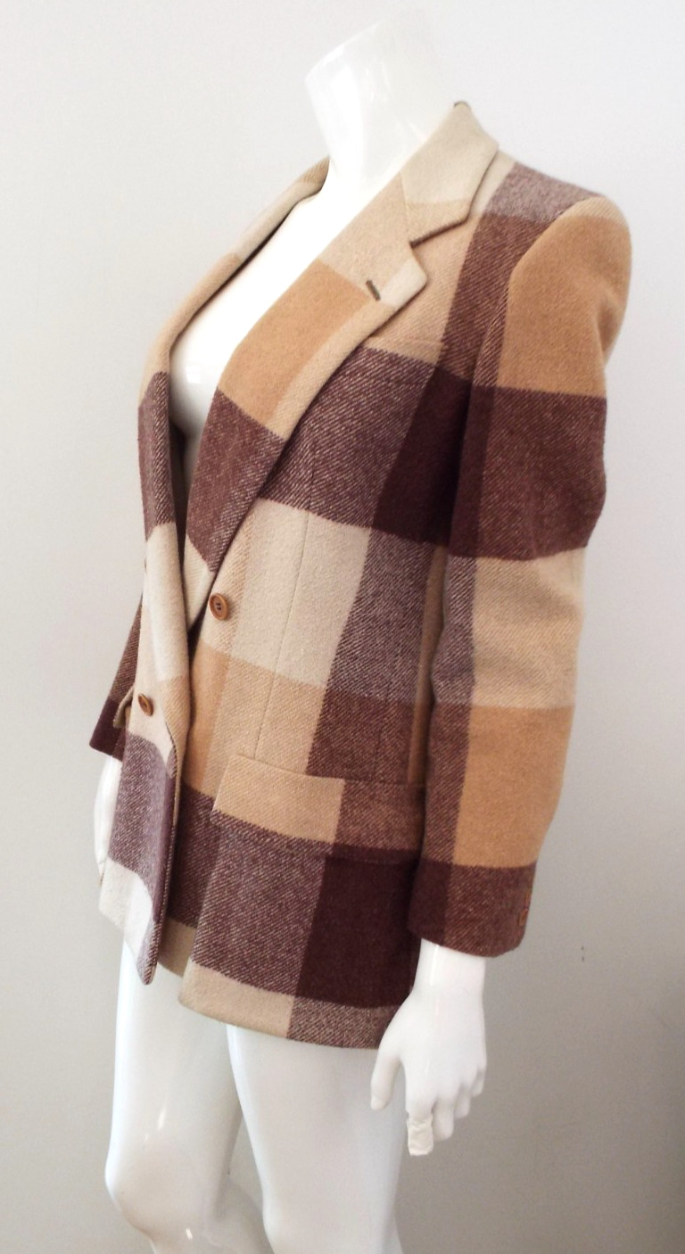 Vintage Giorgio Armani Wool Plaid Color Block Coat Jacket Italy 1980s 90s Small
