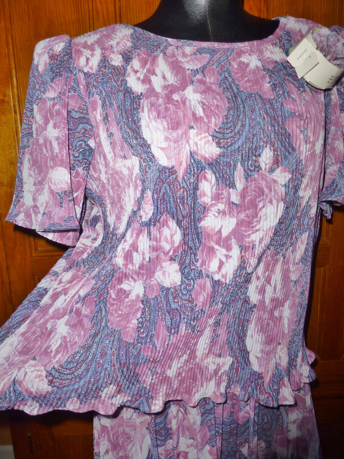New VTG 70s Micro Pleat Mauve Rose Floral print Boho Cocktail Secretary DRESS ML