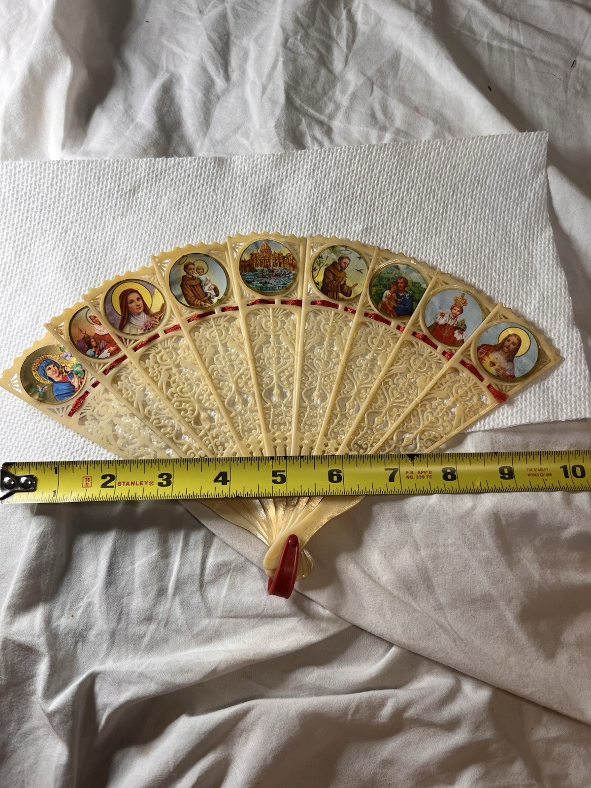 Vintage Celluloid Plastic Religious Folding Hand Fan Catholic Saints Mary Jesus