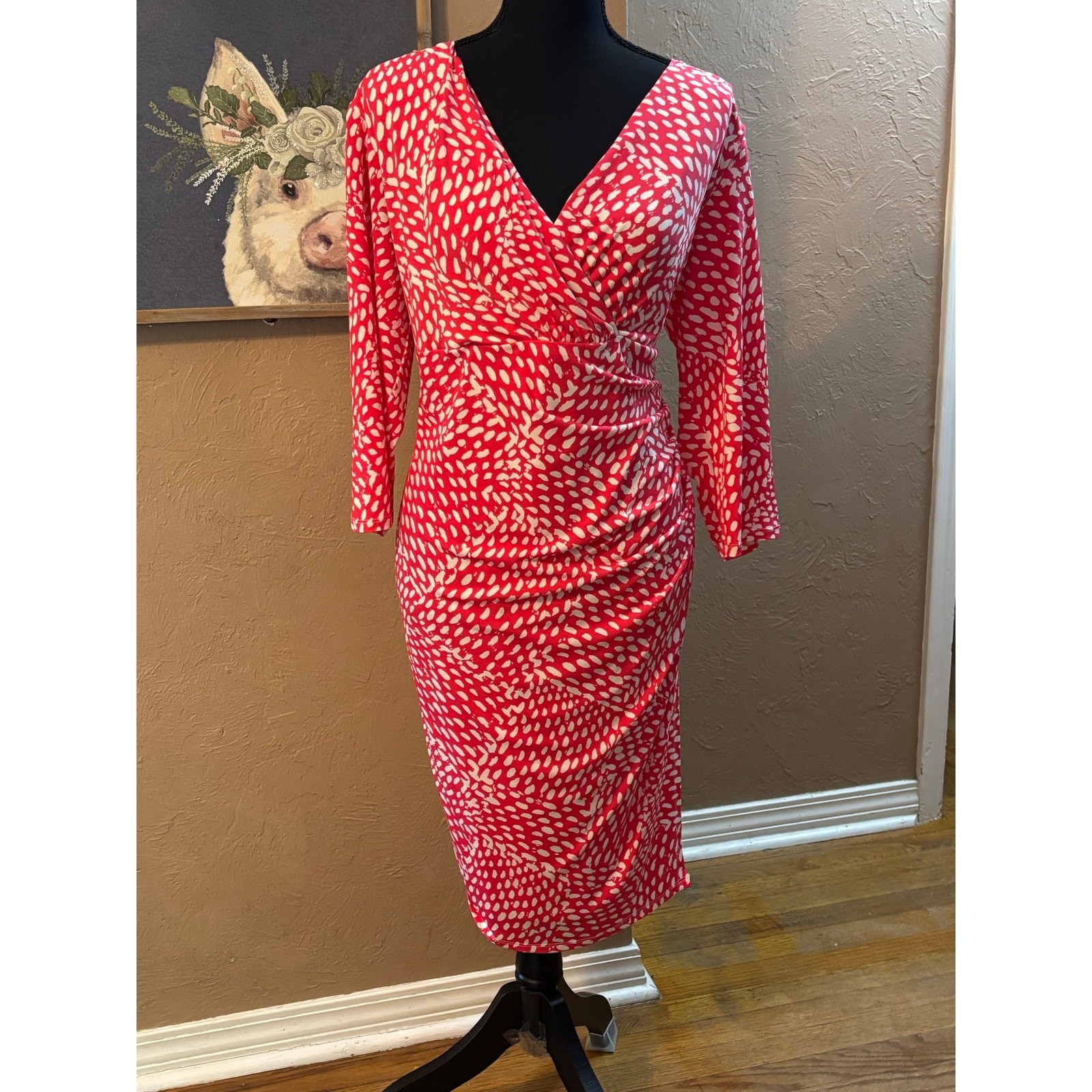 Dressbarn Coral And White Paint Splash Print Dress Womens 14