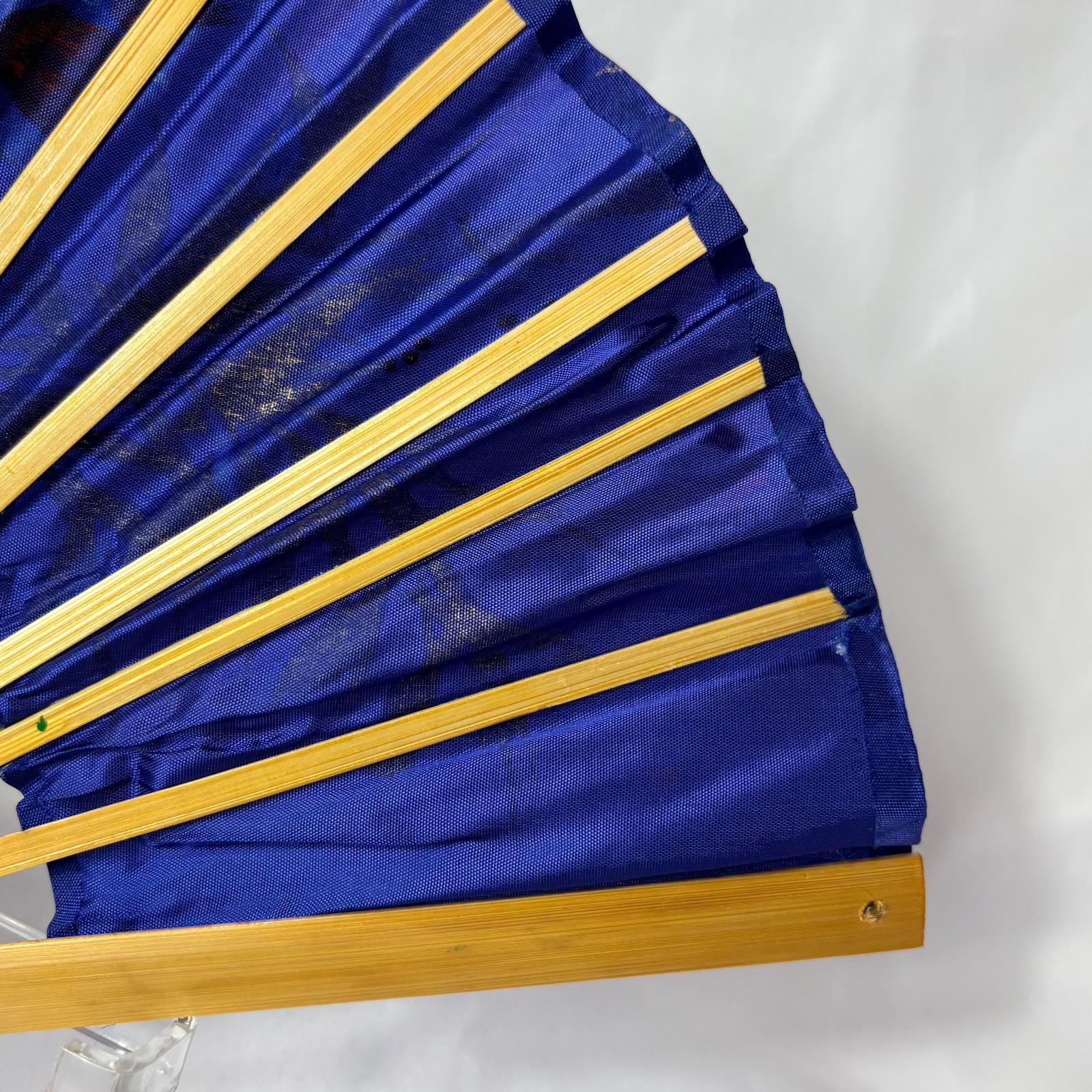 Blue Synthetic Folding Fan Hand Painted Gold Leaves & Bird Bamboo Thailand
