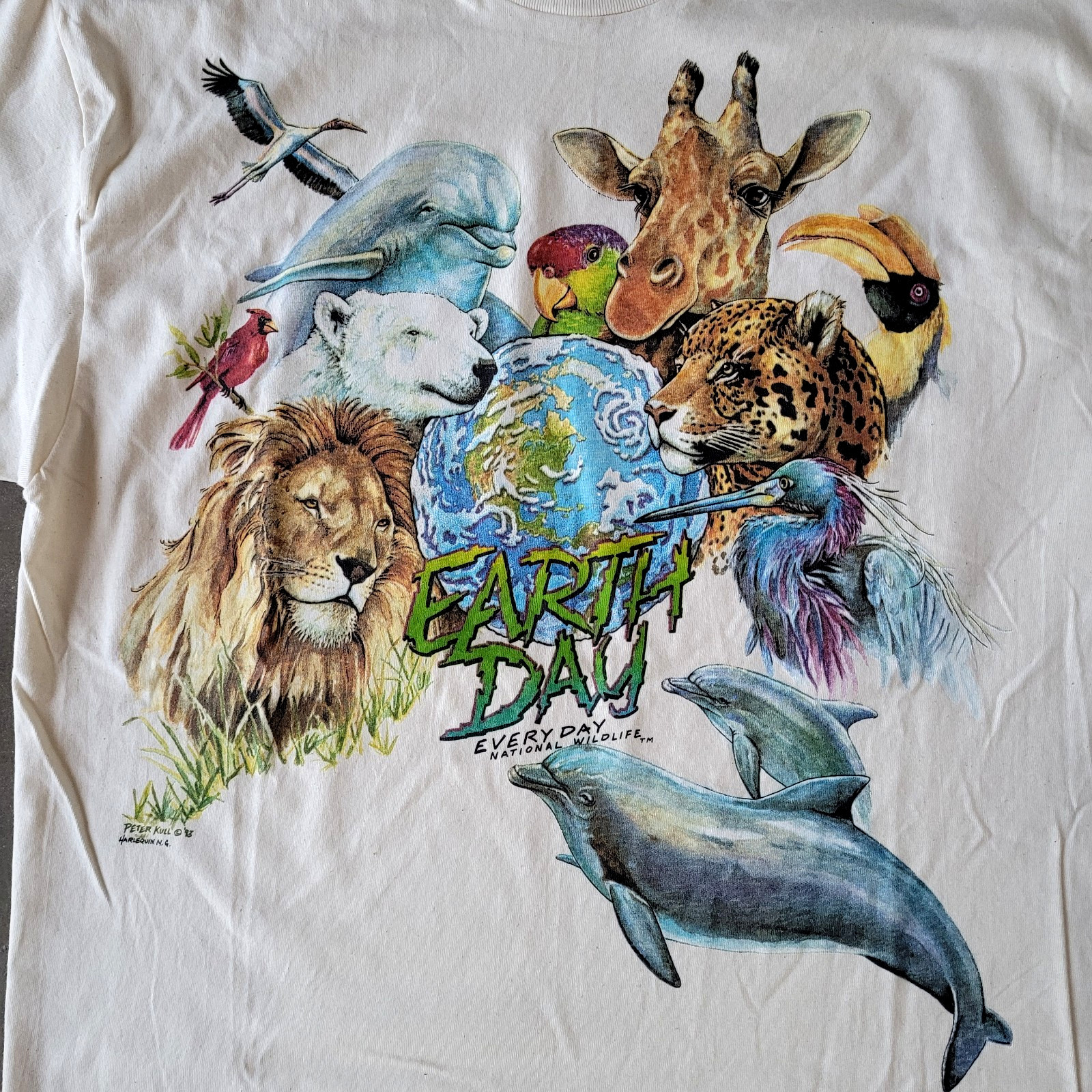Vintage 90s T Shirt Earth Day Everyday Peter Kull Wildlife Large Detailed NEW
