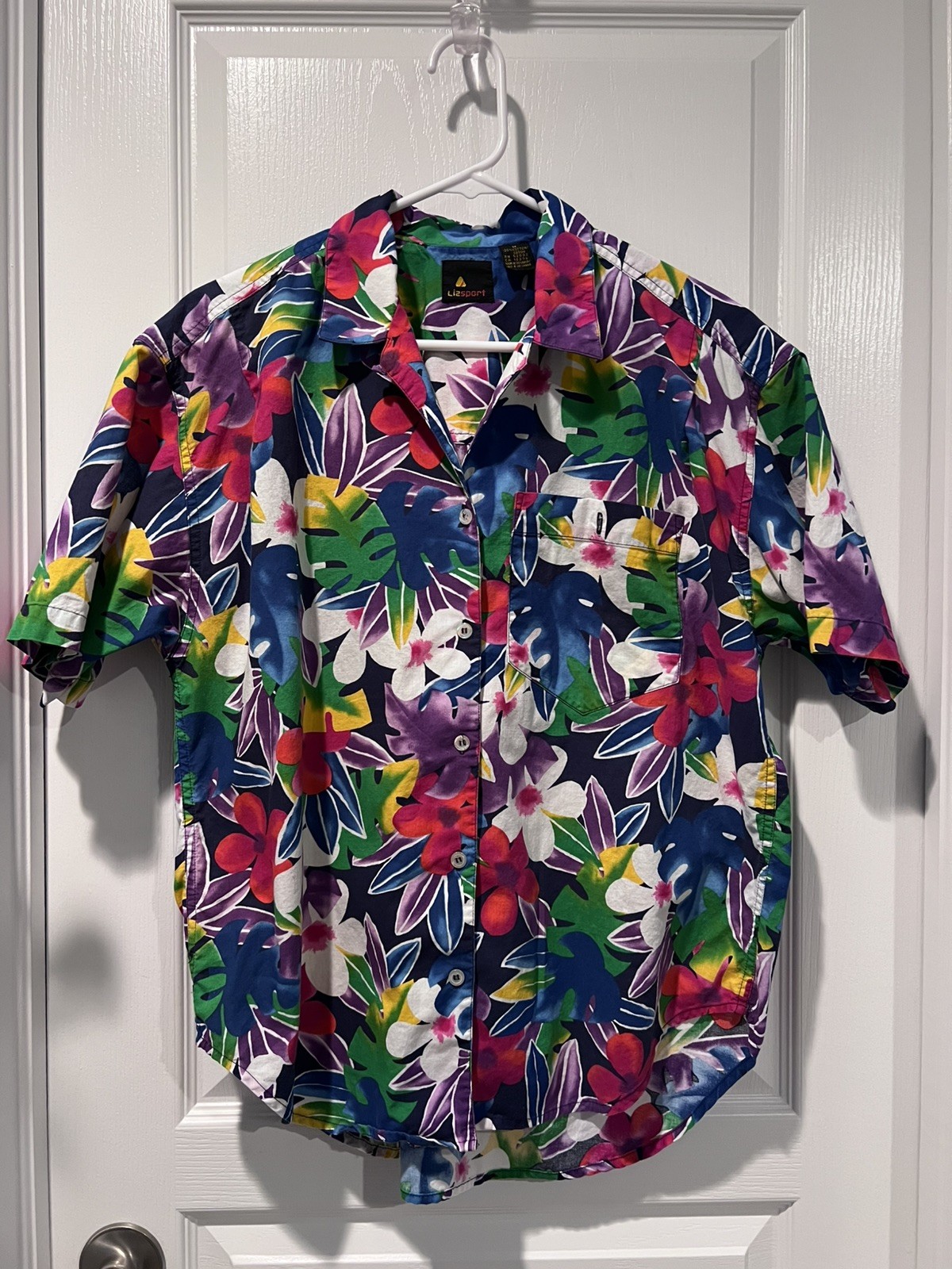 Vintage 80s LizSport Women’s Shirt Colorful Button Up Floral Collared Hawaiian M