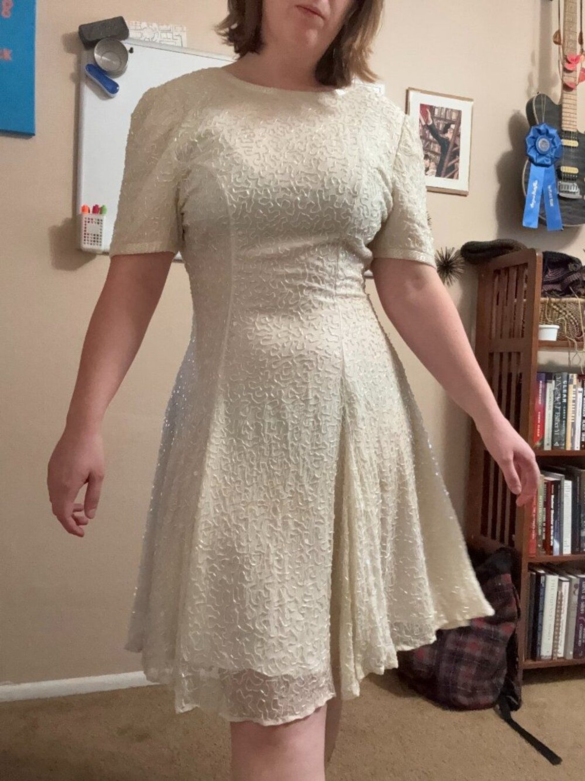 80s Vintage White Beaded A-Line Cocktail Dress Wedding Large