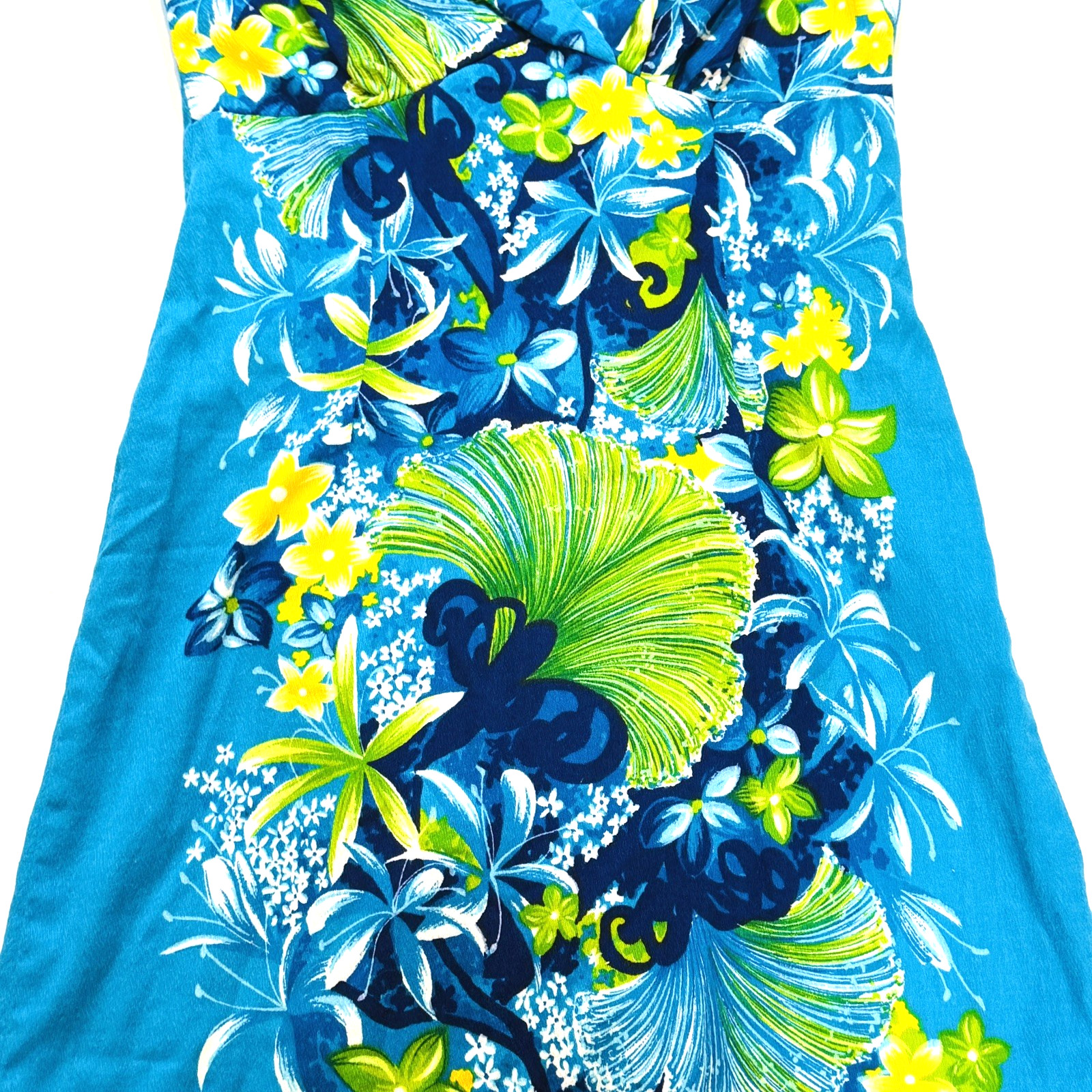 VTG Women’s Hawaiian Togs Blue Floral Barkcloth Pleated Train Maxi Dress Sz XS