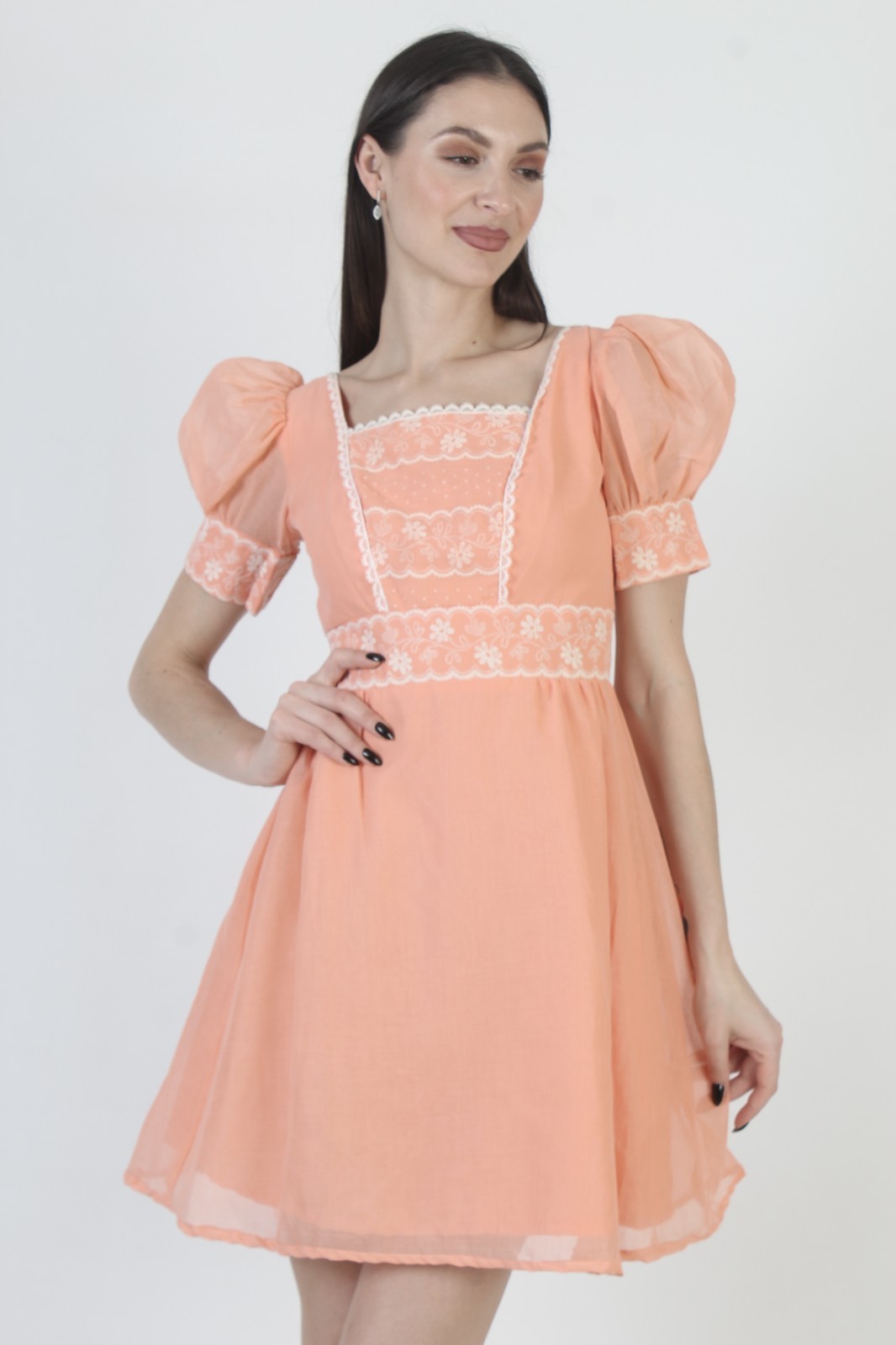 Vtg Peach Swiss Dot Dress High waist Boho Puff Slv Prairie Peasant Mini Skirt
