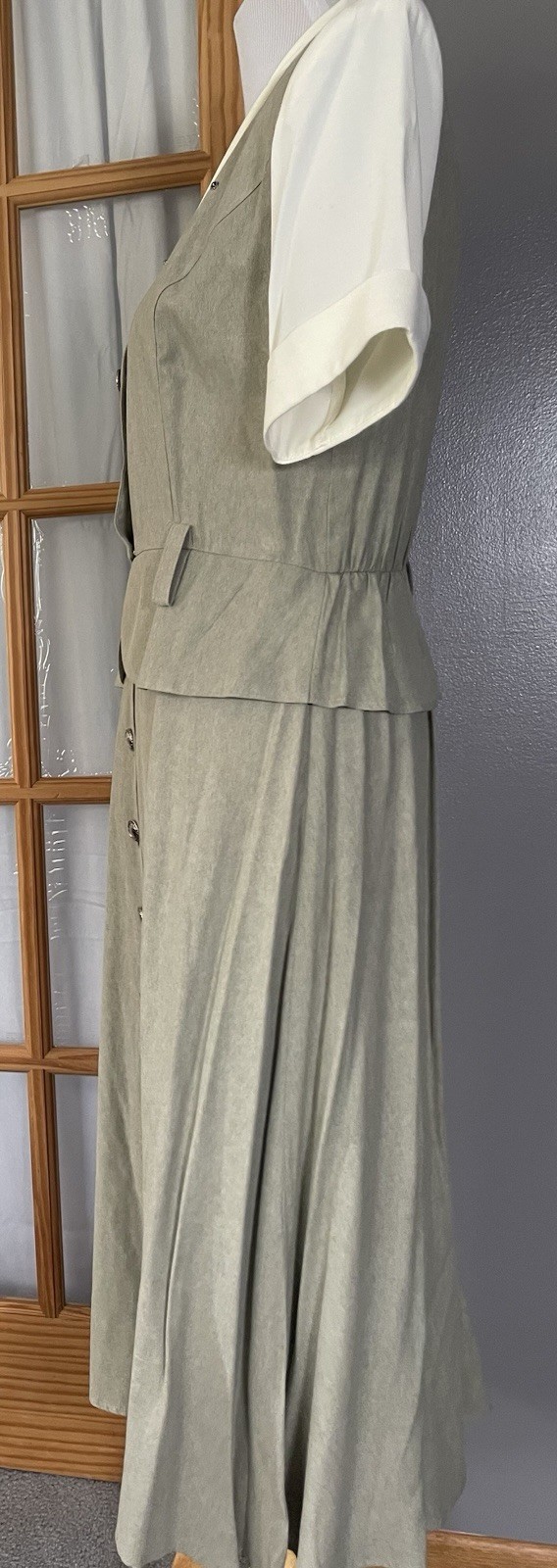 Vtg 70s SL Fashion Peplum Midi Dress 10 Button Up Sage Beads Classic USA Made