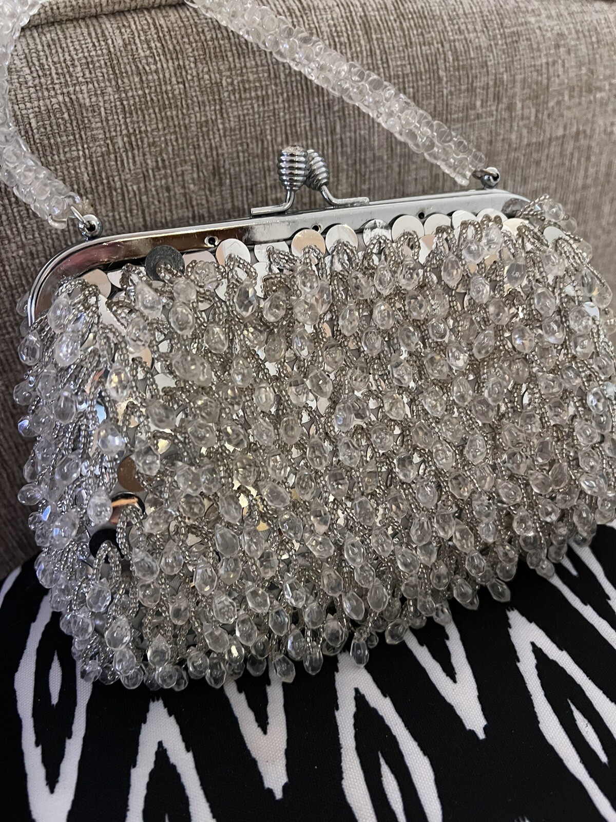 Vtg Beaded HandBag Silver & Clear Evening Purse Hong Kong Prom Wedding 60s 70s