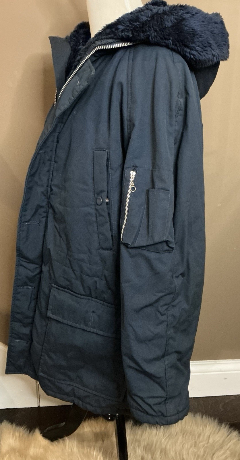 Sears Work Leisure Vintage Blue Faux Fur Lined Hooded Work Coat Heavy Duty