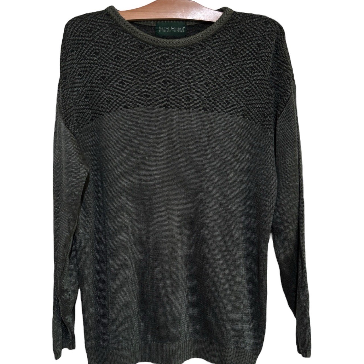 Vtg Harvé Benard Green Grandpa Sweater sz L Diamond Crew Long Sleeve Academia 80