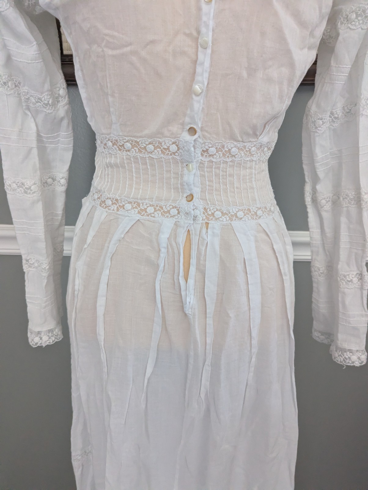Vtg Edwardian Prairie Boho White Cotton High Neck Summer Maxi Dress Floral Lace