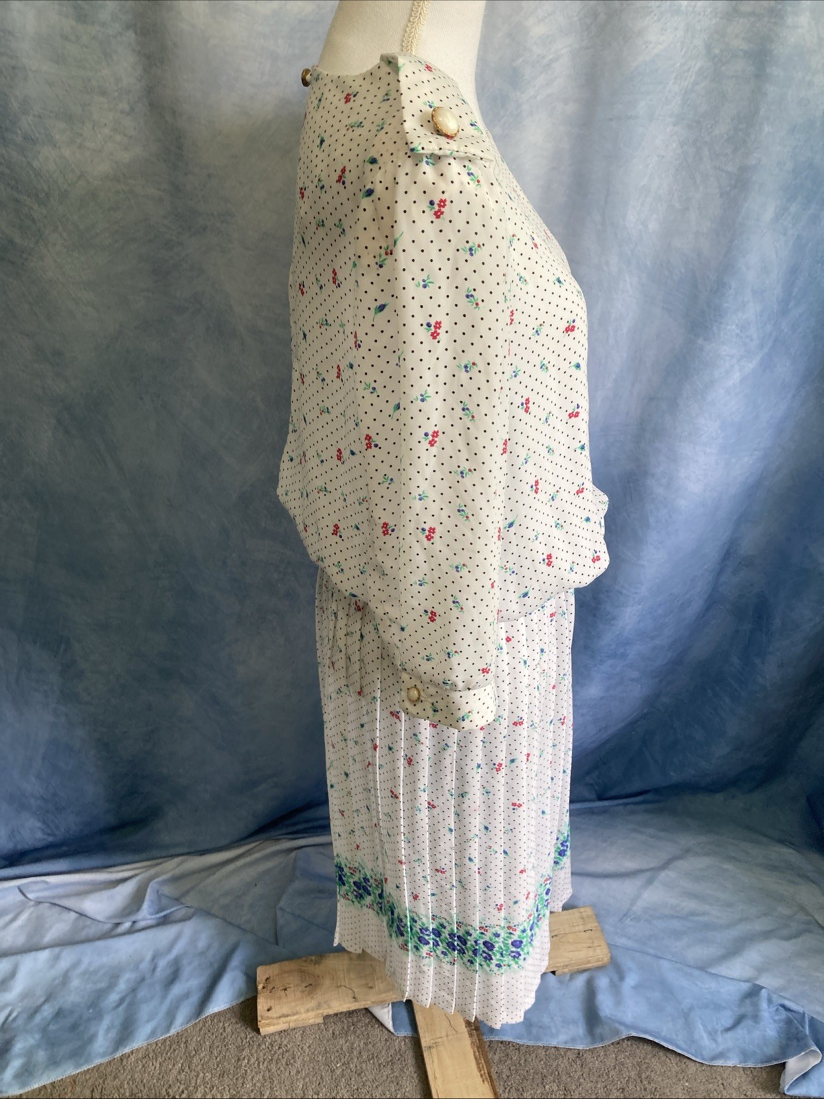Vtg 80s Breli Union Made Midi Dress 16 Secretary Floral Polka Dot Pleated Sheer