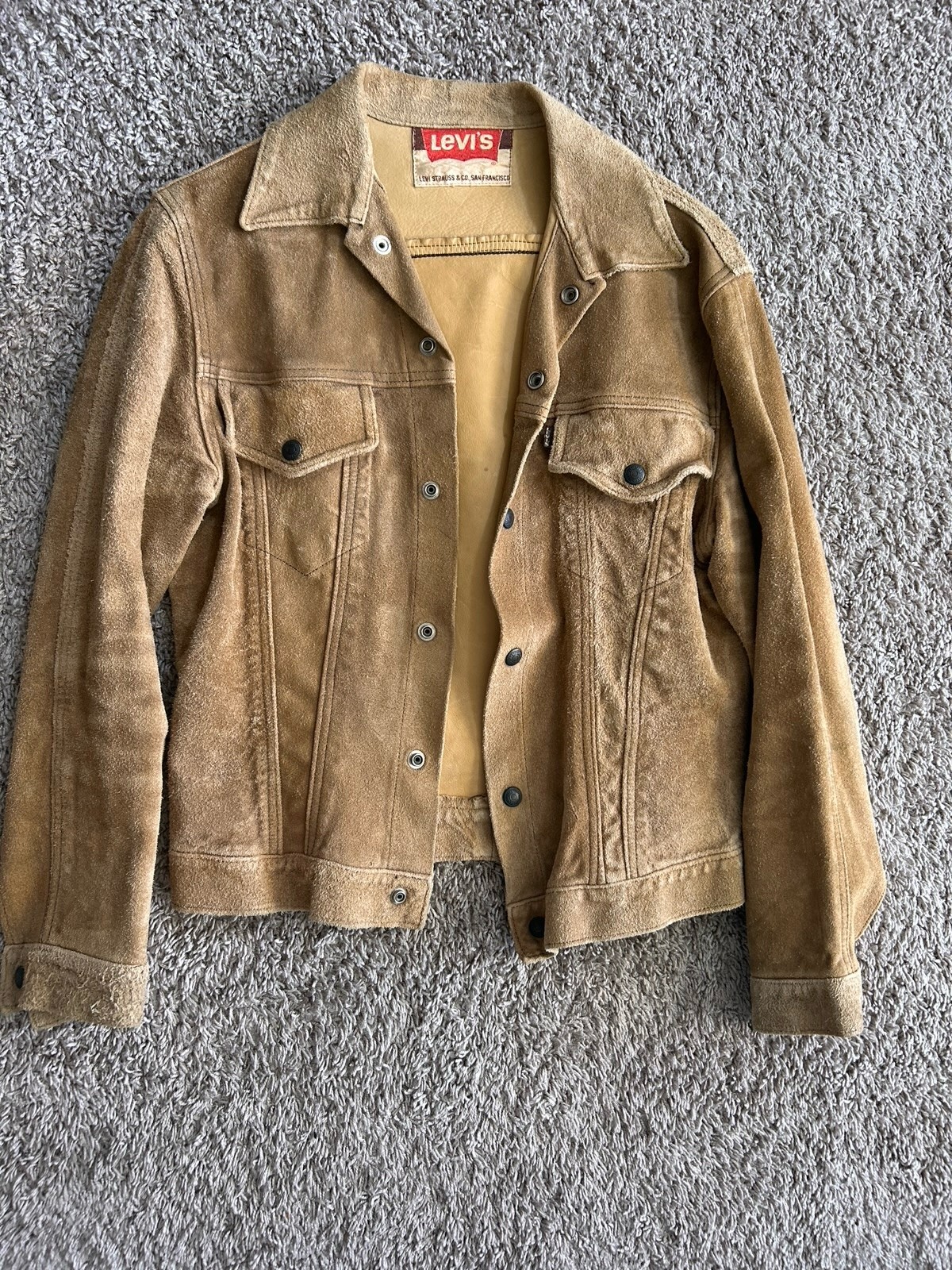 Vintage Levi’s Big E Split Cowhide Suede Leather Trucker Jacket 60s Brown Sz S/M