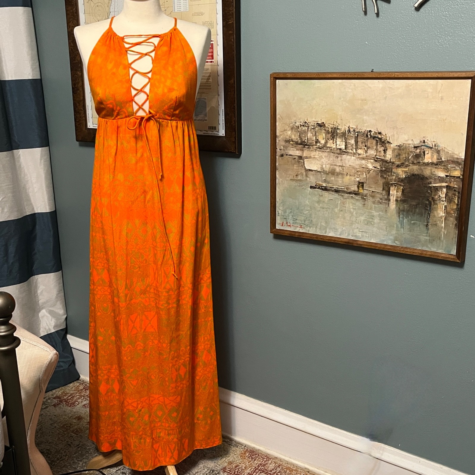 Vintage Dress Fumi Waikiki Maxi Midi Barkcloth Hawaiian 4 6 Long Lace-up Orange