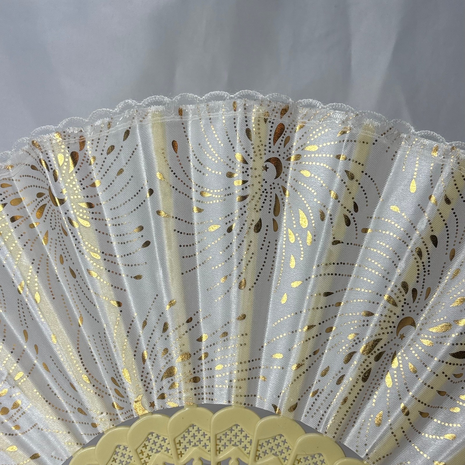 Cream Synthetic Folding Fan Moon & Starburst Design Plastic Sticks / Guards