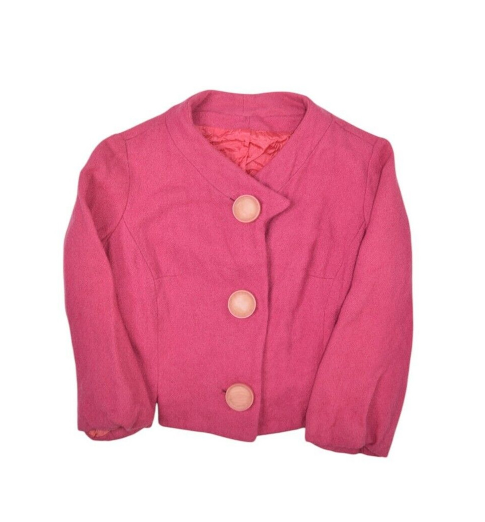 Vintage Wool Jacket Womens XS Pink 70s Big Button Lined Business Casual Barbie