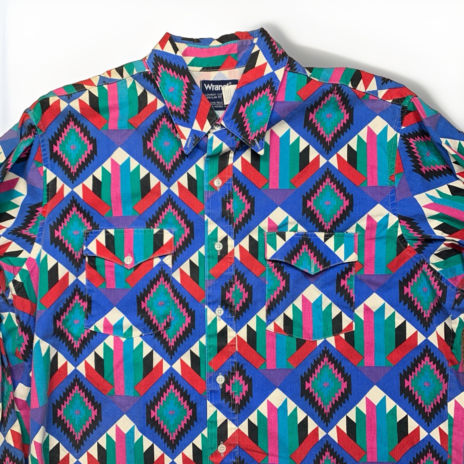 Vtg 90s Wrangler Brushpopper Western Shirt Aztec XL Tall 17 1/2 X 35 Cowboy Cut