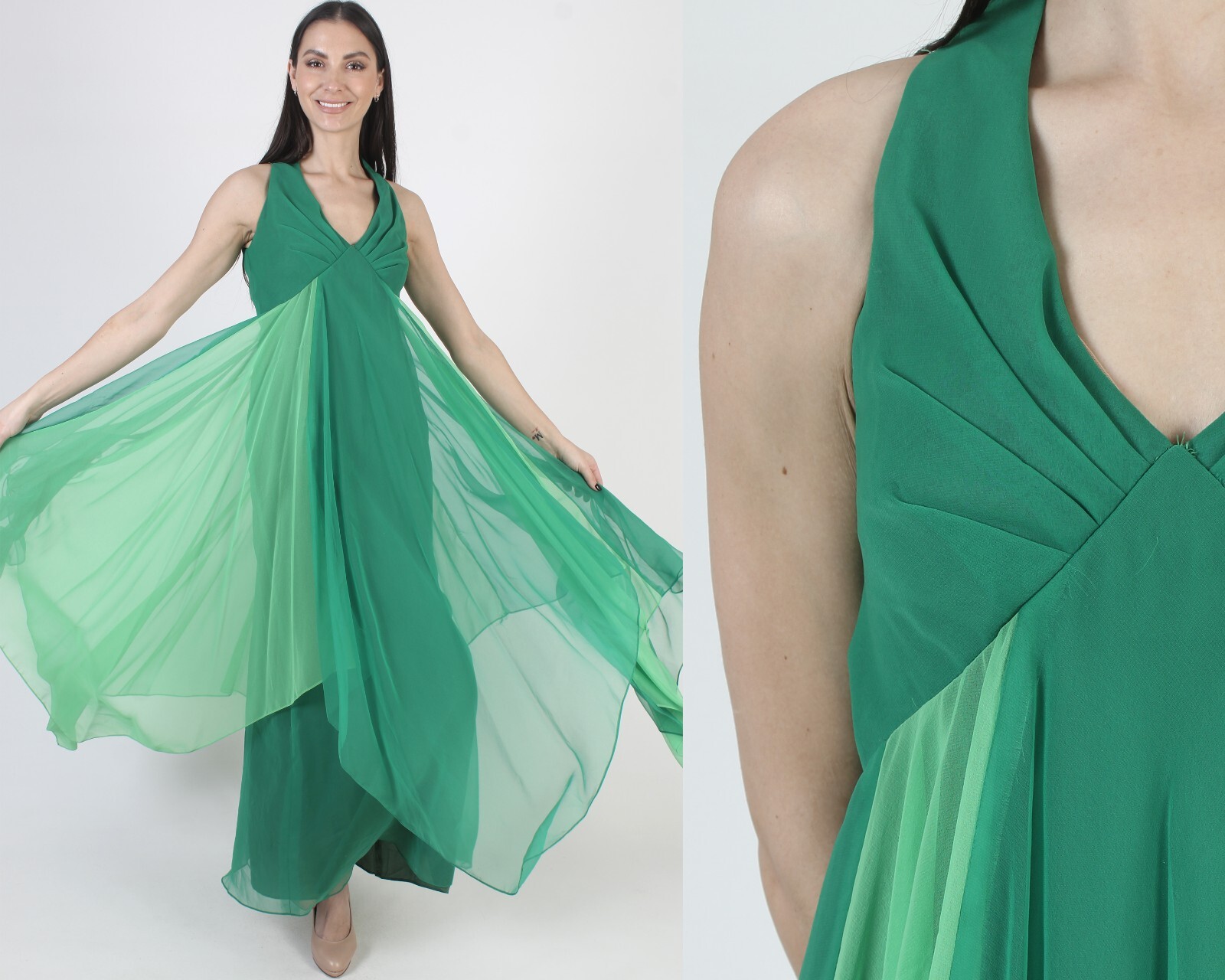 Vintage 70s Green Chiffon Party Dress Sheer Grecian Goddess Disco Cocktail Gown