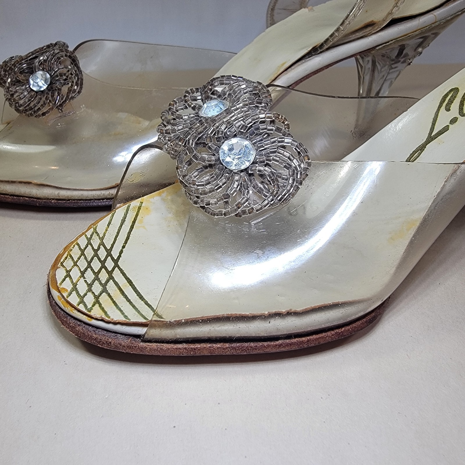 Vtg 1950s Carved Lucite & Rhinestone Heels on Clear Lloyd/Haig Shoes Sandals Sz6