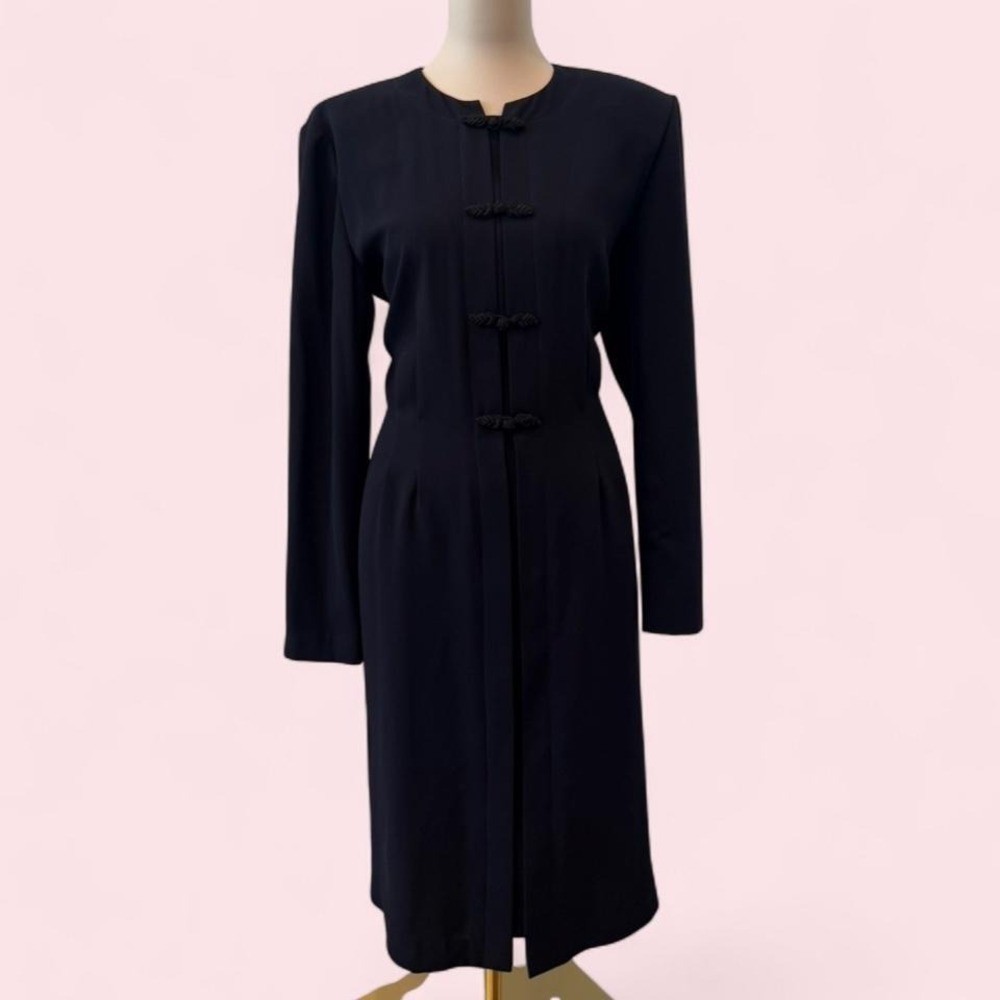Vintage Debra Michaels Navy Midi Dress Frog Button Front Long Sleeve Size 16