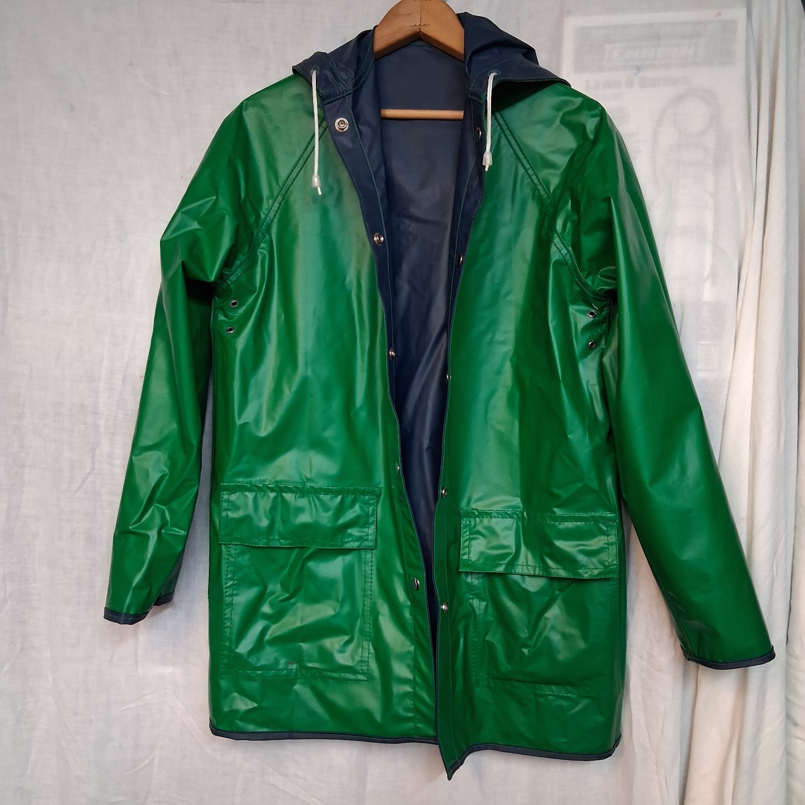 Vintage SMALL Rain coat reversible blue and green button up small flaw see pics