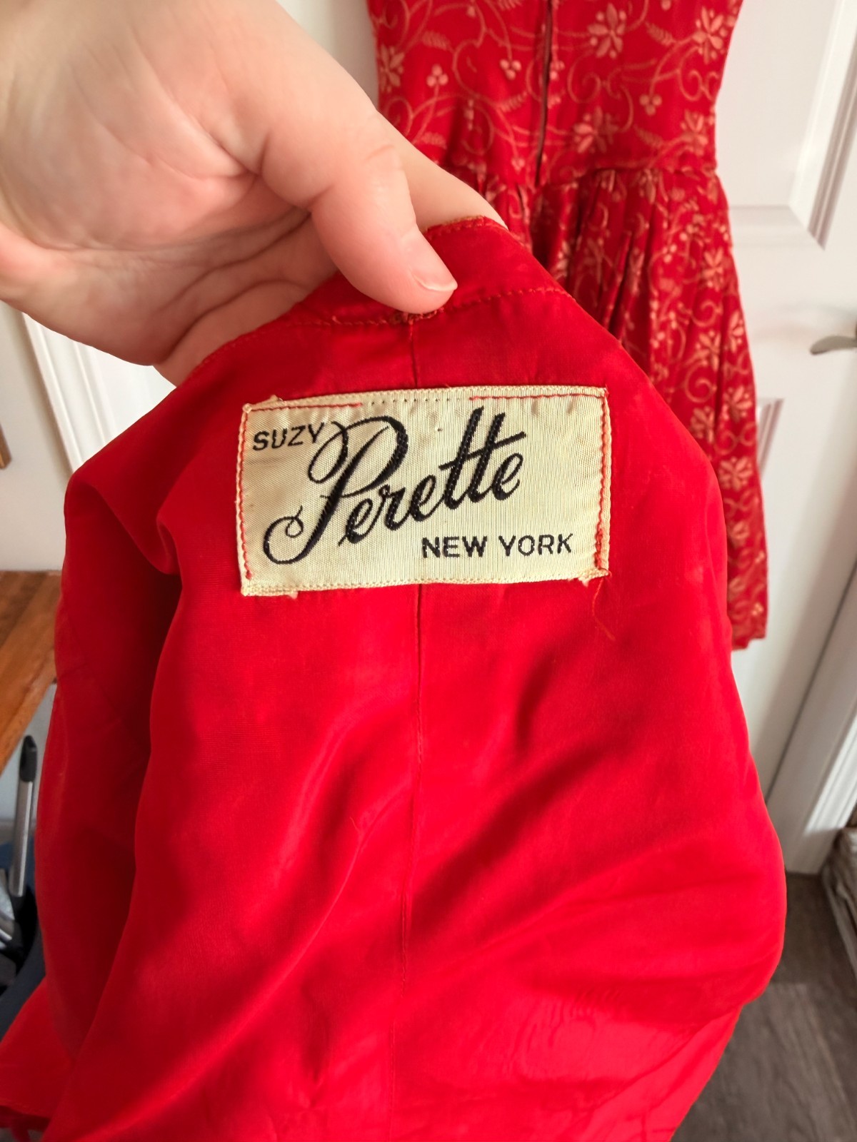 Vintage 1950s Suzy Perette Red Embroidered Drop Waist Dress AND Jacket NEW YORK