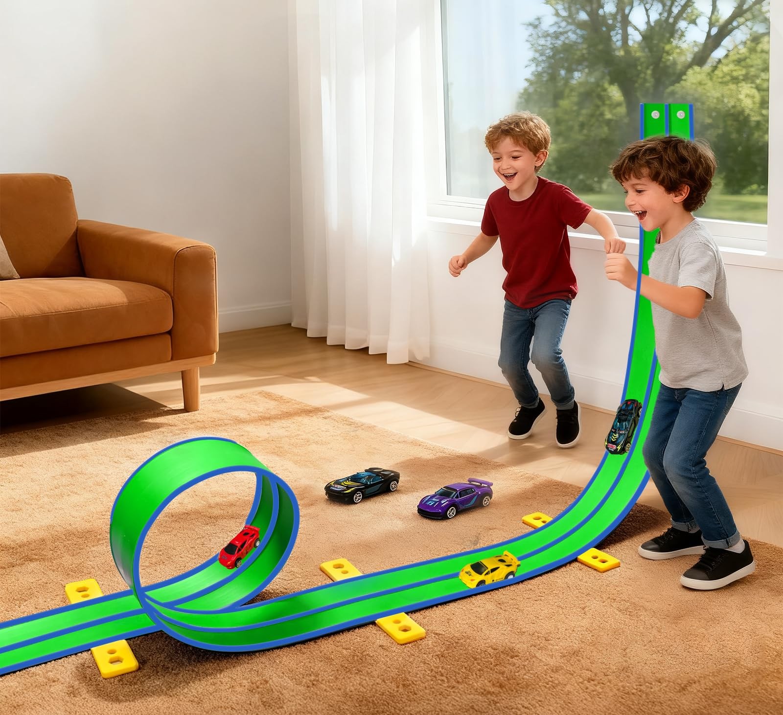 15 Ft Flexible Race Car Track (Aqua Green) for Kids,Flex Track Starter Set Compa