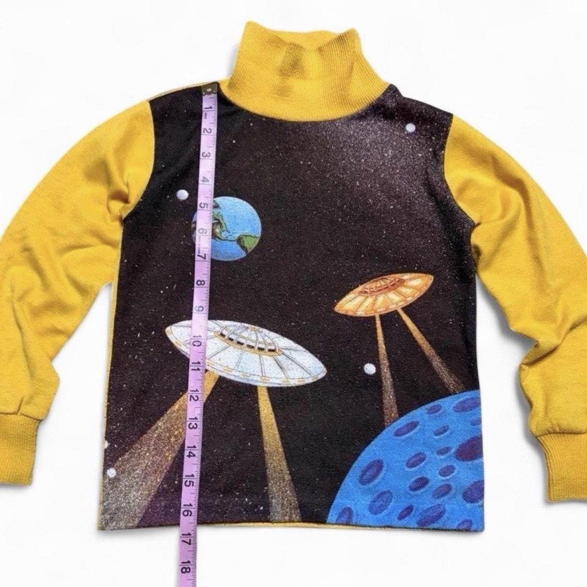 RARE VTG 70s HealthTex UFO Space Ship Yellow LS Mock Neck Shirt Boys 8 USA Made