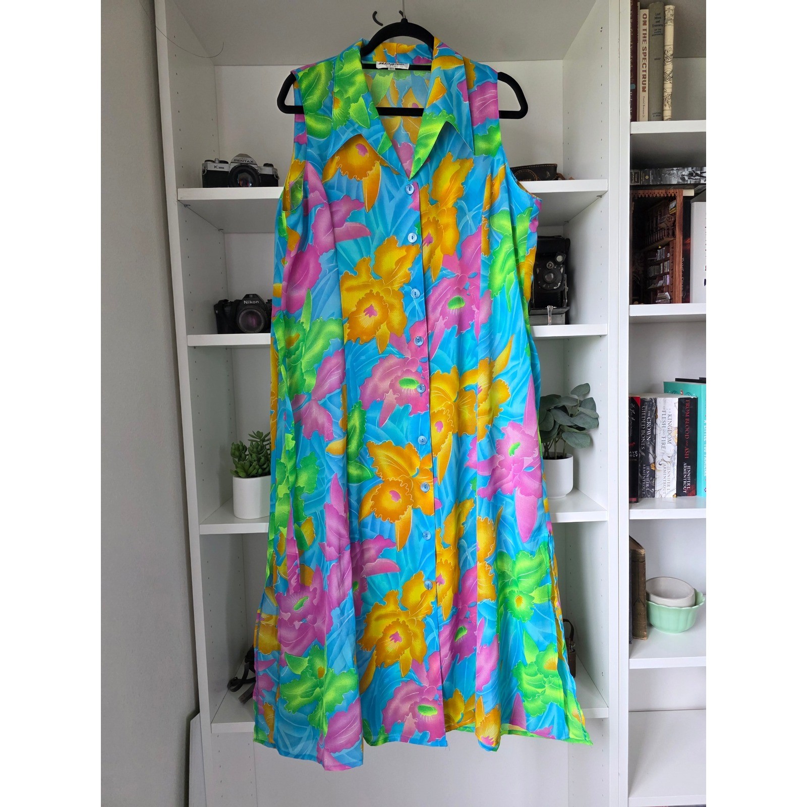 Vintage Niagara Floral Maxi Dress Womens XXXL Blue Yellow Tropical Sleeveless