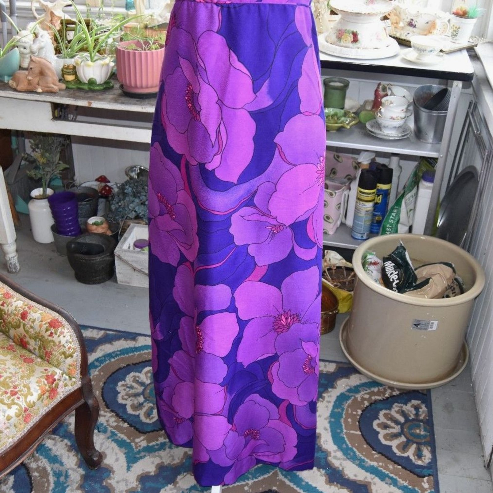 Vintage 70s Lilia of Honolulu Purple Floral Hawaiian Halter Maxi Dress S/M