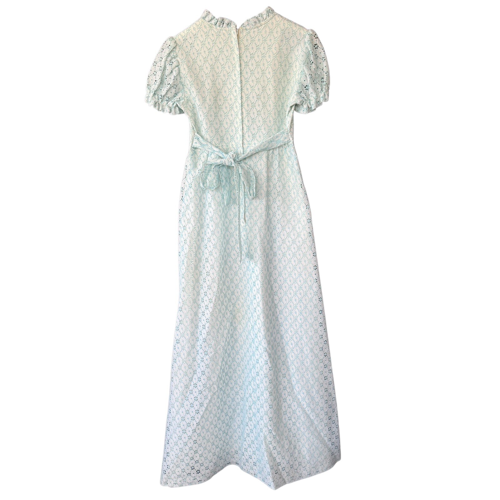 Vtg 70s Empire Waist Maxi Dress Aqua Blue Floral Lace Prom Bridesmaid XS S