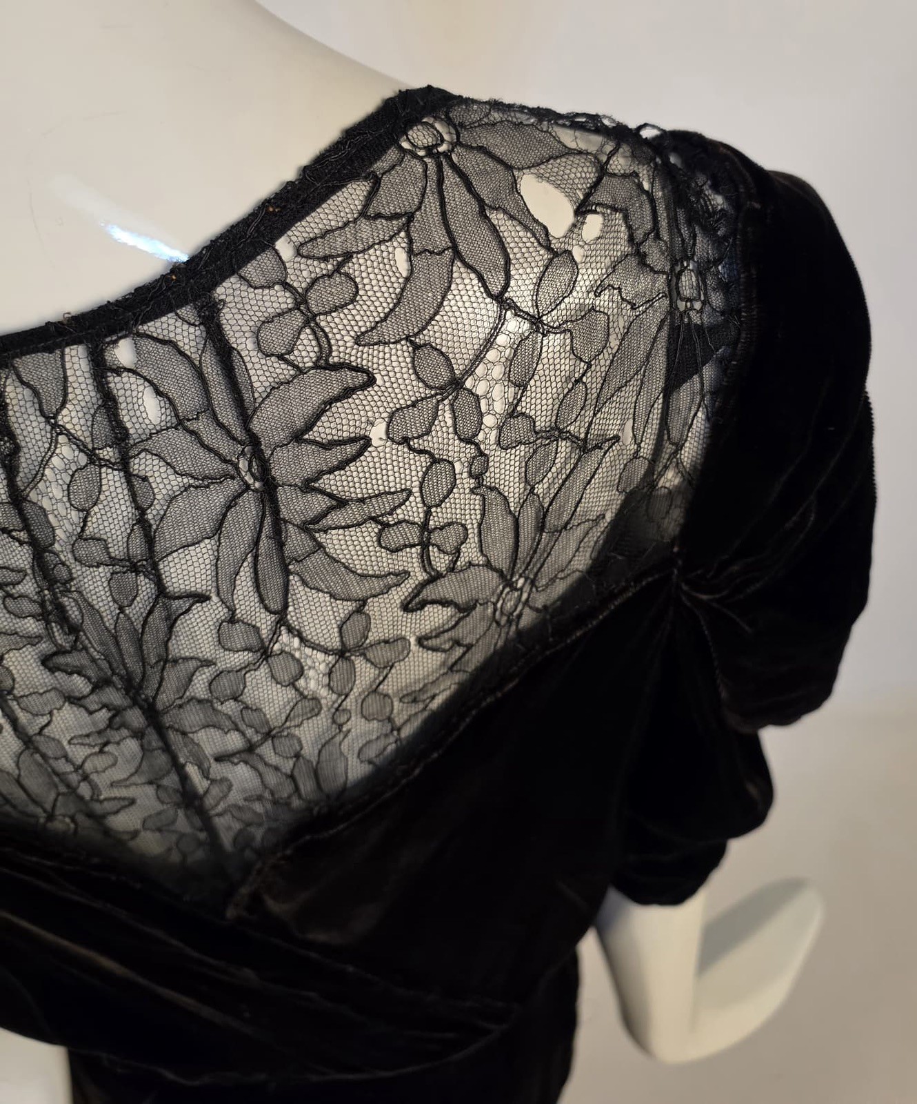 LATE 1930’S SILK VELVET LONG DRESS W LACE BACK – AS ACQUIRED