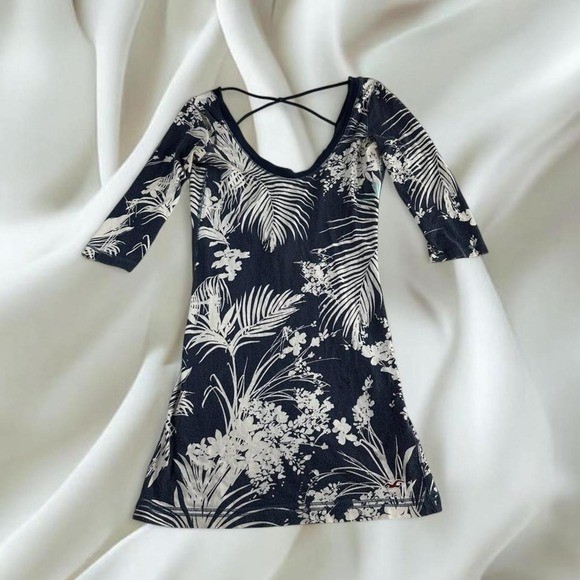 Hollister tropical graphic blue white babydoll dress low scoop back y2k vintage
