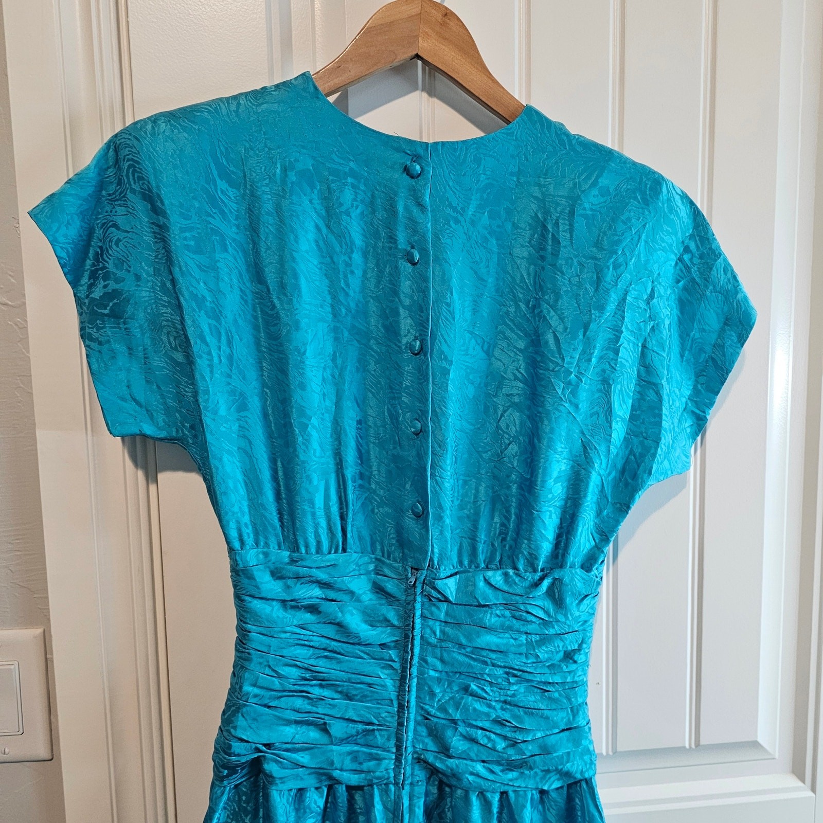 Vintage Maggie London 80s Dress Women Sz 8 Blue Silk Glam Rock Party Retro Pinup