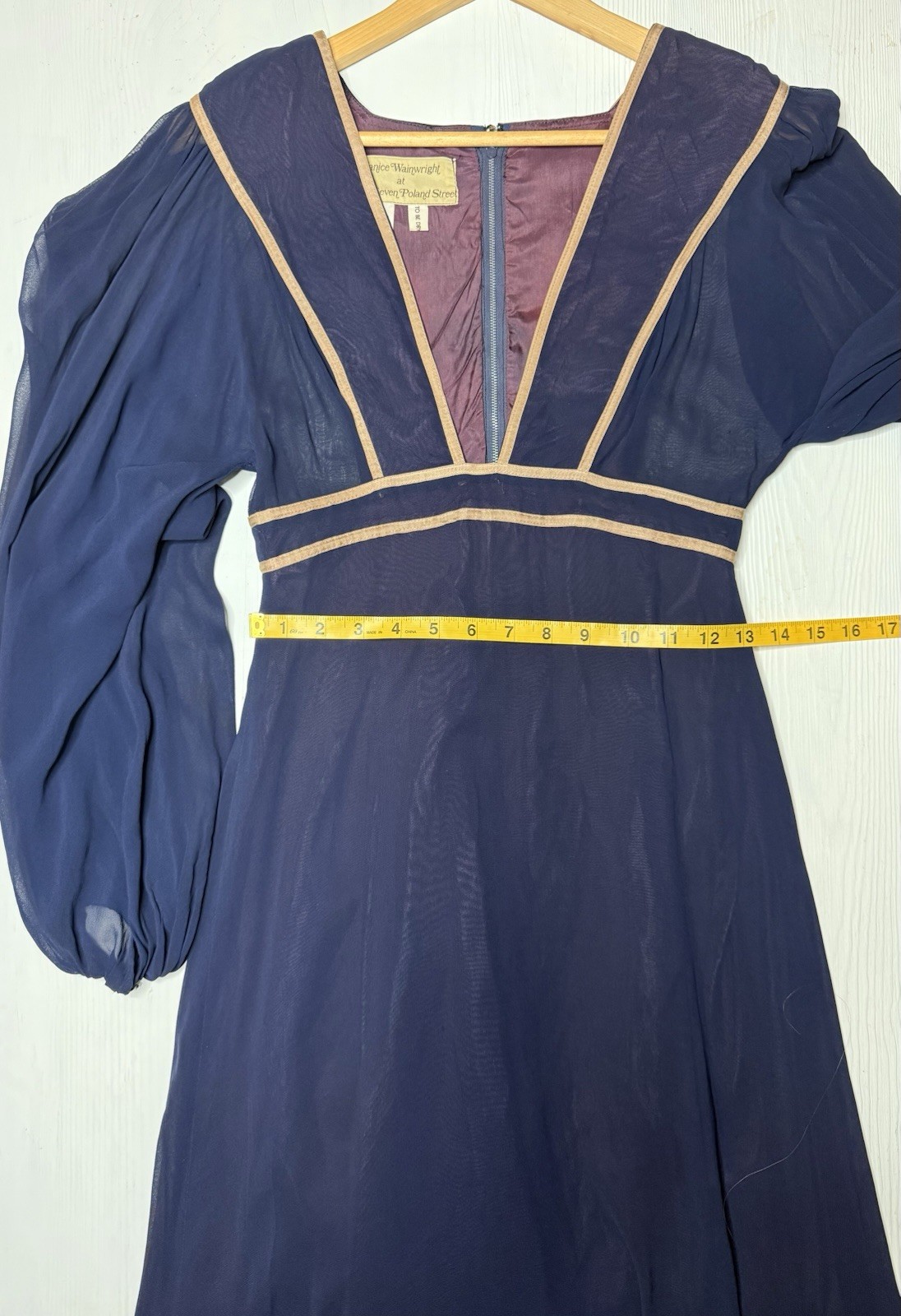 Janice Wainwright Vintage Empire Waist Blue Silk Gown 70s Edwardian SZ 12 *RARE*