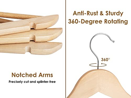 Wooden Hangers 20 Pack, Wood Coat Hanger 0.5″T (20 pack) Natural Wood Color